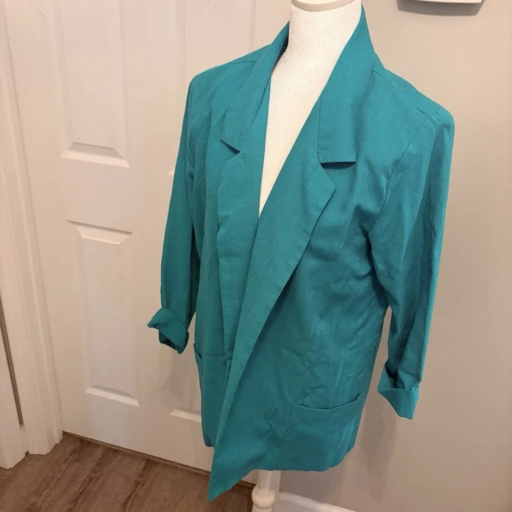 VTG 80s Joanna Teal Blazer Jacket Med Oversized Lightweight Indie Grandmacore